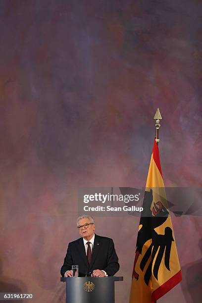 German President Joachim Gauck gives a speech to mark the end of his term as president at Schloss Bellevue palace on January 18, 2017 in Berlin,...