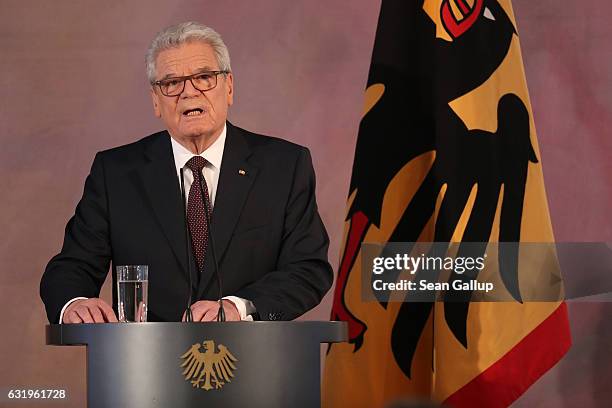 German President Joachim Gauck gives a speech to mark the end of his term as president at Schloss Bellevue palace on January 18, 2017 in Berlin,...