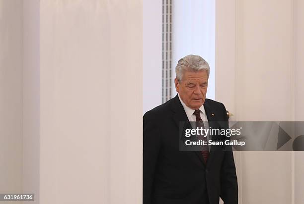 German President Joachim Gauck arrives to give a speech to mark the end of his term as president at Schloss Bellevue palace on January 18, 2017 in...