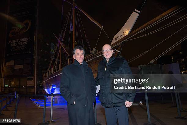 President of the 'Institut du Monde Arabe' Jack Lang and H.S.H. Prince Albert II of Monaco visit "Aventurier Des Mers" Exhibition at Institut du...