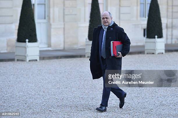 French Minister of Interior Bruno Le Roux attends an emergency meeting concerning the cold weather in France at Elysee Palace on January 18, 2017 in...