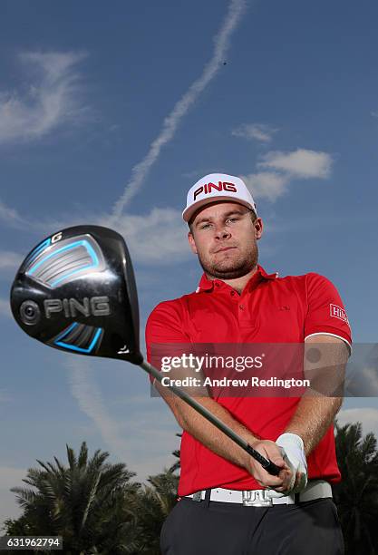 Tyrrell Hatton of England poses for a portrait during the Pro Am event prior to the start of the Abu Dhabi HSBC Golf Championship at Abu Dhabi Golf...