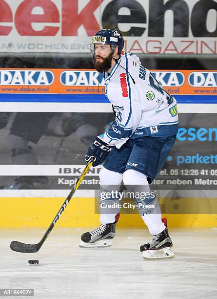 Andrew Sarauer of Fehervar AV19 handles the puck during the action shot on October 7, 2016 in Innsbruck, Austria.