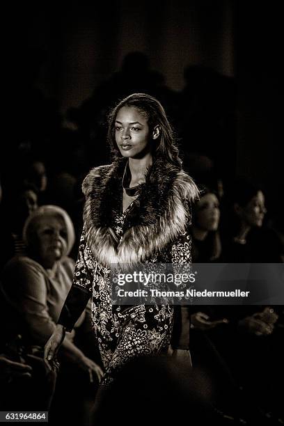 Model walks the runway at the Sportalm show during the Mercedes-Benz Fashion Week Berlin A/W 2017 at Kaufhaus Jandorf on January 18, 2017 in Berlin,...