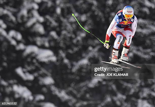 Carlo Janka of Switzerland competes during the men's downhill practice of the FIS Ski Alpine World Cup at the Hahnenkamm ski run in Kitzbuehel,...