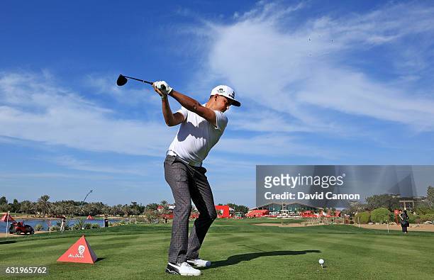 Rickie Fowler of the United States plays a shot on teh ninth hole during the pro-am for the 2017 Abu Dhabi HSBC Golf Championship at Abu Dhabi Golf...