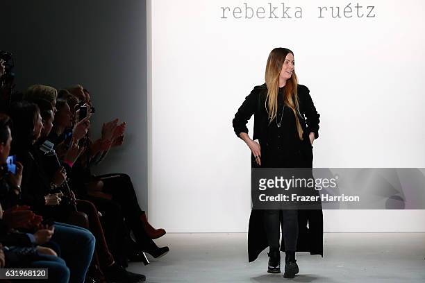 Designer Rebekka Ruetz acknowledges the audience following her show during the Mercedes-Benz Fashion Week Berlin A/W 2017 at Kaufhaus Jandorf on...