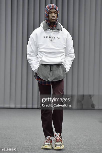 Model walks the runway at the Balenciaga Autumn Winter 2017 fashion show during Paris Menswear Fashion Week on January 18, 2017 in Paris, France.