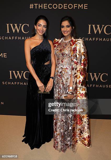 Jessica Kahawaty and Sonam Kapoor attend the IWC Schaffhausen "Decoding the Beauty of Time" Gala Dinner during the launch of the Da Vinci Novelties...