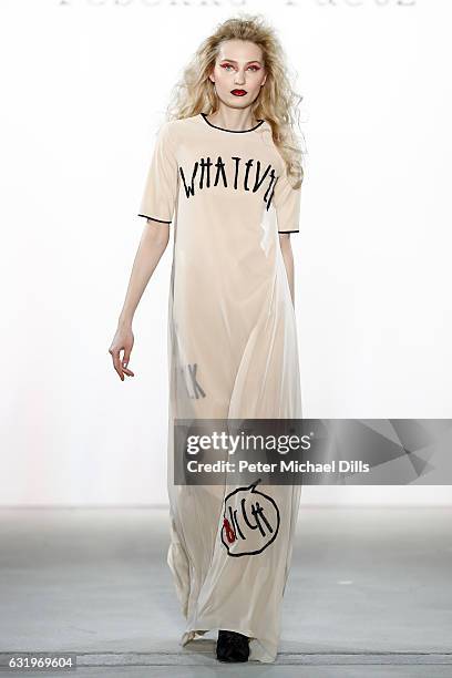 Model walks the runway at the Rebekka Ruetz show during the Mercedes-Benz Fashion Week Berlin A/W 2017 at Kaufhaus Jandorf on January 18, 2017 in...