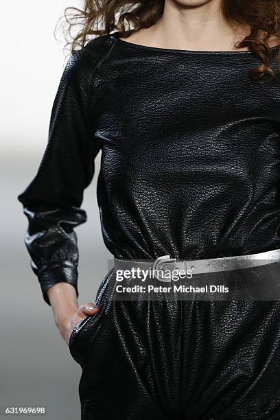 Model, fabric detail, walks the runway at the Rebekka Ruetz show during the Mercedes-Benz Fashion Week Berlin A/W 2017 at Kaufhaus Jandorf on January...