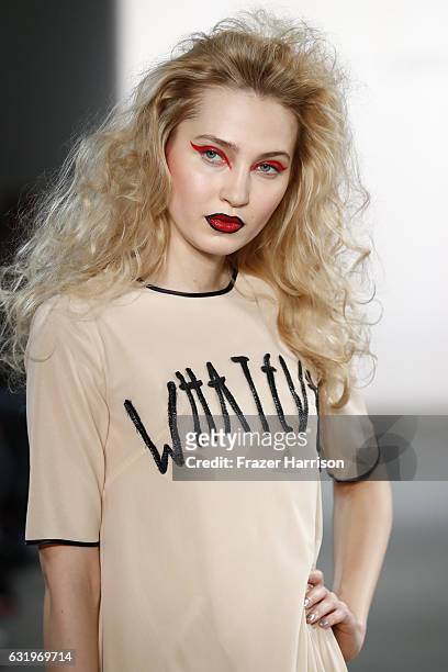 Model walks the runway at the Rebekka Ruetz show during the Mercedes-Benz Fashion Week Berlin A/W 2017 at Kaufhaus Jandorf on January 18, 2017 in...