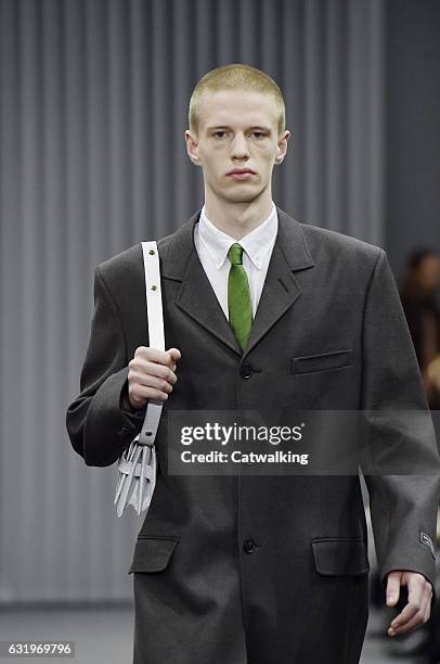 Model walks the runway at the Balenciaga Autumn Winter 2017 fashion show during Paris Menswear Fashion Week on January 18, 2017 in Paris, France.