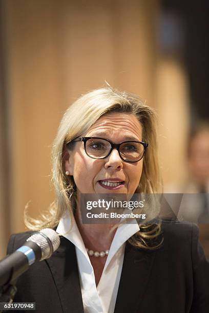 Anke Giesen, chief operating officer of Fraport AG, speaks during a news conference to unveil the new VIP lounge at Frankfurt airport, operated by...