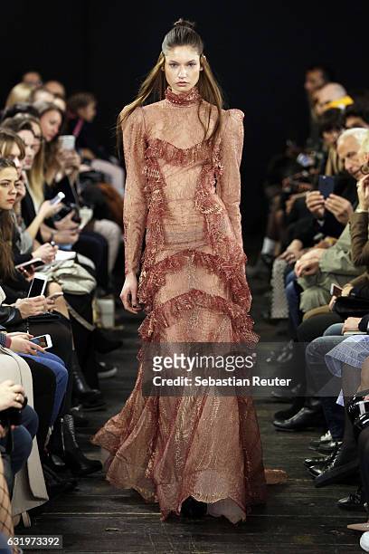 Model walks the runway at the Lana Mueller show during the Mercedes-Benz Fashion Week Berlin A/W 2017 at Soho House on January 18, 2017 in Berlin,...