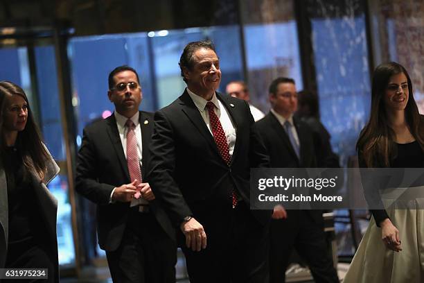 New York Governor Andrew Cuomo arrives at Trump Tower to meet with President-elect Donald Trump on January 18, 2017 in New York City. Donald Trump is...