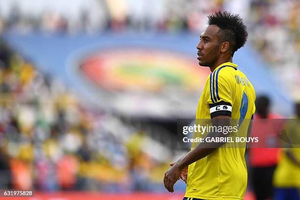Gabon's forward Pierre-Emerick Aubameyang reacts during the 2017 Africa Cup of Nations group A football match between Gabon and Burkina Faso at the...