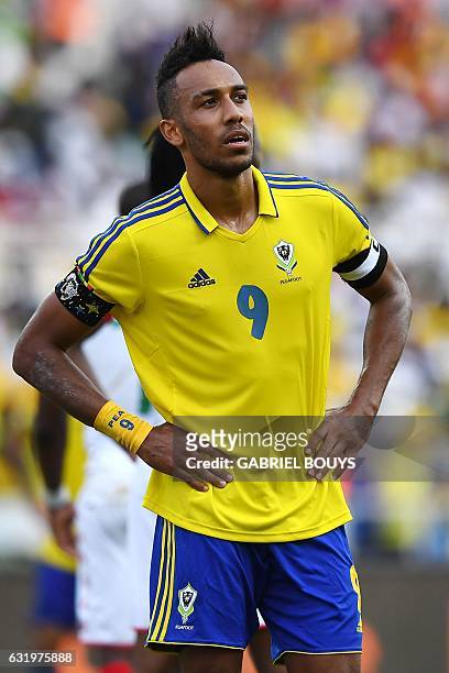 Gabon's forward Pierre-Emerick Aubameyang reacts during the 2017 Africa Cup of Nations group A football match between Gabon and Burkina Faso at the...