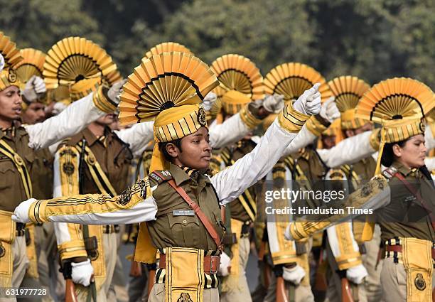 Indian Army contingents march during the rehearsals for the Republic Day Parade at Rajpath, on January 18, 2017 in New Delhi, India. The rehearsals...