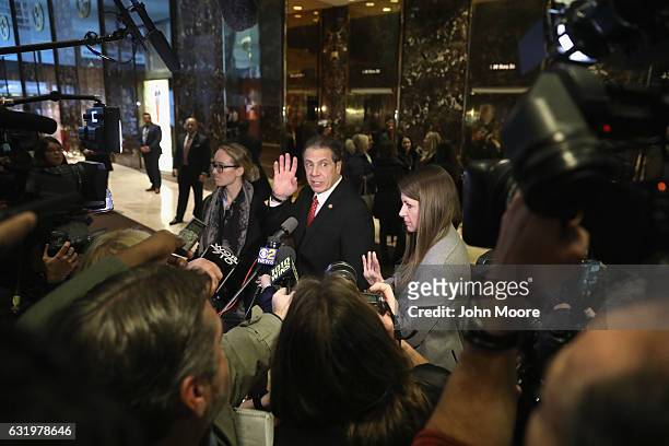 New York Governor Andrew Cuomo speaks to the media after meeting with President-elect Donald Trump on January 18, 2017 at Trump Tower in New York...