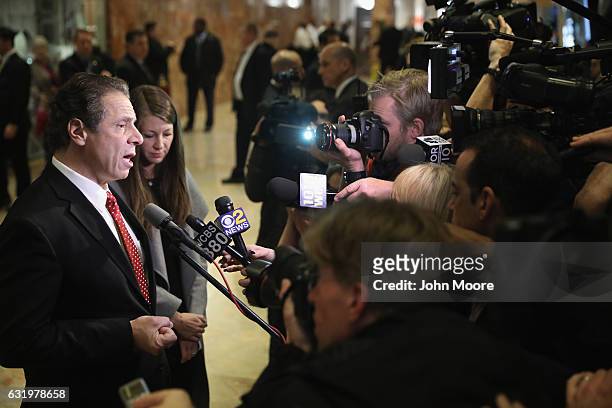 New York Governor Andrew Cuomo speaks to the media after meeting with President-elect Donald Trump on January 18, 2017 at Trump Tower in New York...