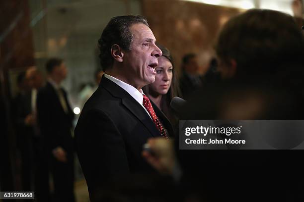 New York Governor Andrew Cuomo speaks to the media after meeting with President-elect Donald Trump on January 18, 2017 at Trump Tower in New York...