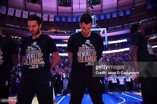 Willy Hernangomez of the New York Knicks stands on the court before the game against the Atlanta Hawks on January 16, 2017 at Madison Square Garden...