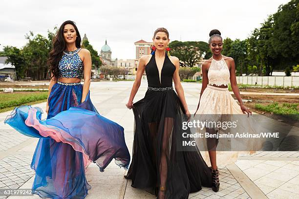 Miss Universe Kosovo, Camila Barraza, Miss Universe Panama, Keity Drennan and Miss Universe Kenya, Mary Esther Were wear gowns by designer Sherri...