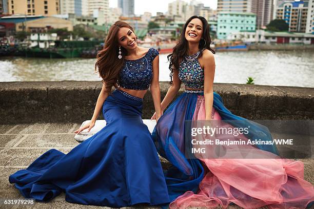 Miss Universe Puerto Rico, Brenda Jimenez and Miss Universe Kosovo, Camila Barraza wear gowns by designer Sherri Hill while visiting Fort Santiago on...