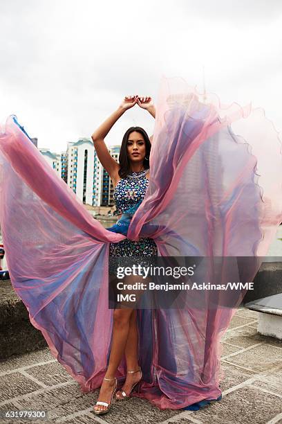 Miss Universe Kosovo, Camila Barraza wears a gown by designer Sherri Hill while visiting Fort Santiago on January 16, 2017 in Manila, the...