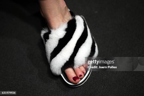 Model, shoe detail, is seen backstage ahead of the Laurel show during the Mercedes-Benz Fashion Week Berlin A/W 2017 at Kaufhaus Jandorf on January...