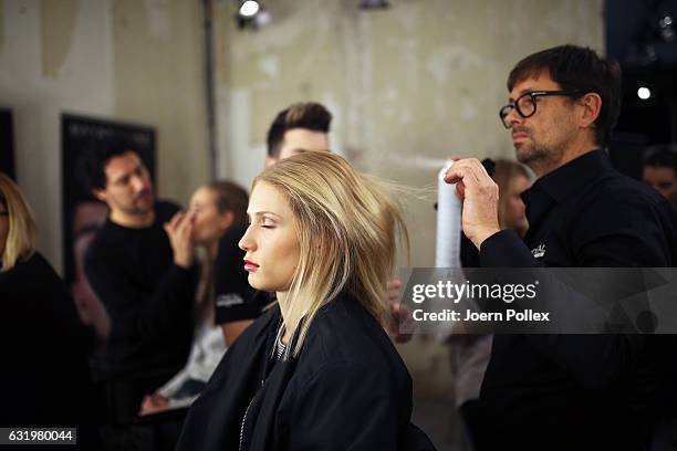 Model is seen backstage ahead of the Laurel show during the Mercedes-Benz Fashion Week Berlin A/W 2017 at Kaufhaus Jandorf on January 18, 2017 in...