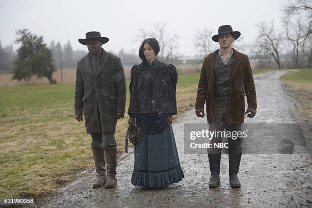 The Assassination of Jesse James" Episode 111 -- Pictured: Malcolm Barrett as Rufus Carlin, Abigail Spencer as Lucy Preston, Matt Lanter as Wyatt...