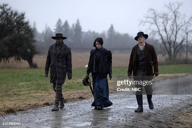 The Assassination of Jesse James" Episode 111 -- Pictured: Malcolm Barrett as Rufus Carlin, Abigail Spencer as Lucy Preston, Matt Lanter as Wyatt...