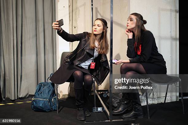 Models are seen backstage ahead of the Laurel show during the Mercedes-Benz Fashion Week Berlin A/W 2017 at Kaufhaus Jandorf on January 18, 2017 in...