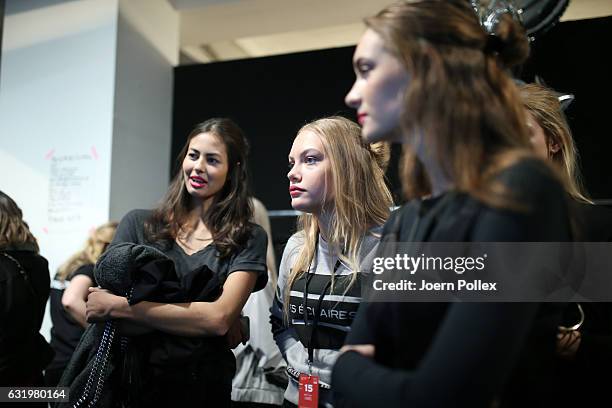 Models are seen backstage ahead of the Laurel show during the Mercedes-Benz Fashion Week Berlin A/W 2017 at Kaufhaus Jandorf on January 18, 2017 in...