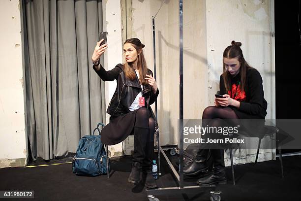 Models are seen backstage ahead of the Laurel show during the Mercedes-Benz Fashion Week Berlin A/W 2017 at Kaufhaus Jandorf on January 18, 2017 in...