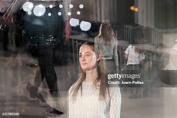 Model is seen backstage ahead of the Laurel show during the Mercedes-Benz Fashion Week Berlin A/W 2017 at Kaufhaus Jandorf on January 18, 2017 in...