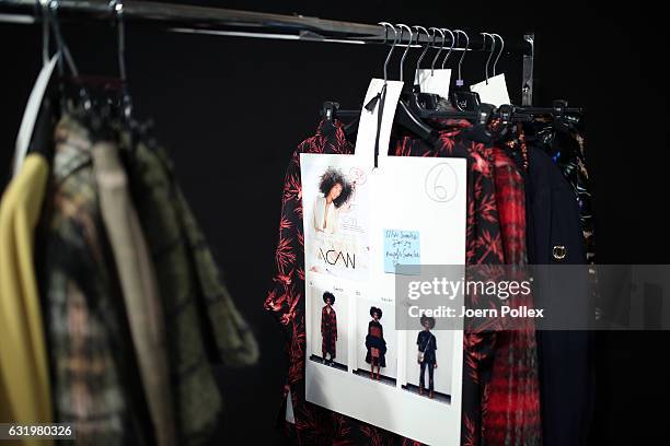 Outfits are displayed backstage ahead of the Laurel show during the Mercedes-Benz Fashion Week Berlin A/W 2017 at Kaufhaus Jandorf on January 18,...