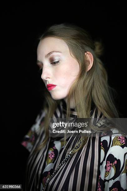 Model is seen backstage ahead of the Laurel show during the Mercedes-Benz Fashion Week Berlin A/W 2017 at Kaufhaus Jandorf on January 18, 2017 in...