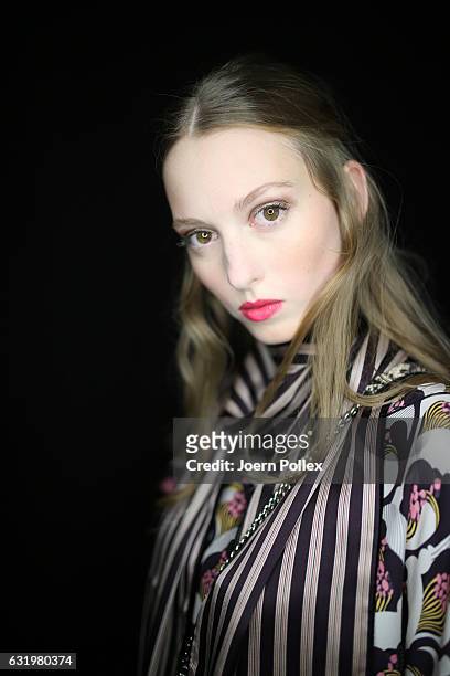 Model is seen backstage ahead of the Laurel show during the Mercedes-Benz Fashion Week Berlin A/W 2017 at Kaufhaus Jandorf on January 18, 2017 in...