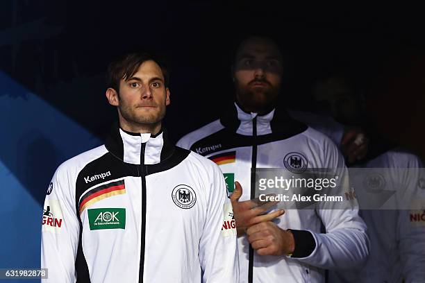 Uwe Gensheimer and team mates of Germany wait in the tunnel prior to the 25th IHF Men's World Championship 2017 match between Belarus and Germany at...
