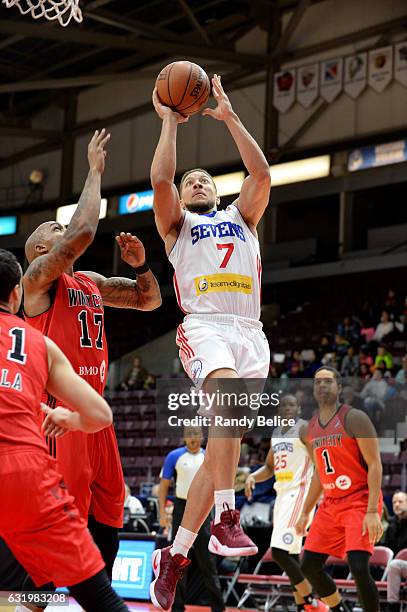 Brandon Triche of the Delaware 87ers drives to the basket against the Windy City Bulls as part of 2017 NBA D-League Showcase at the Hershey Centre on...