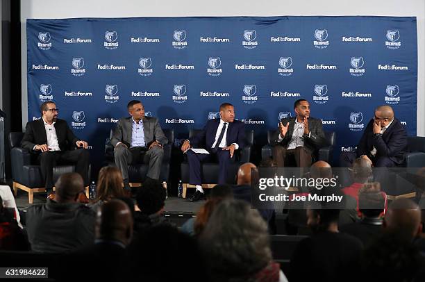 Legend, Grant Hill and Steve Smith and David Fizdale of the Memphis Grizzlies with Marc Spears and Mark Jones take part in the pannel discussion on...
