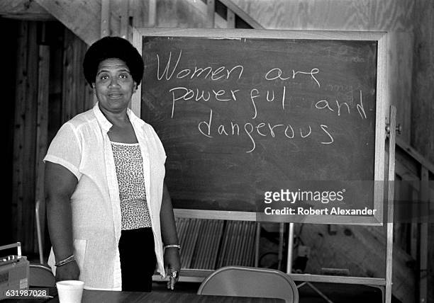 African-American writer, feminist, poet and civil-rights activist Audre Lorde poses for a photograph during her 1983 residency at the Atlantic Center...