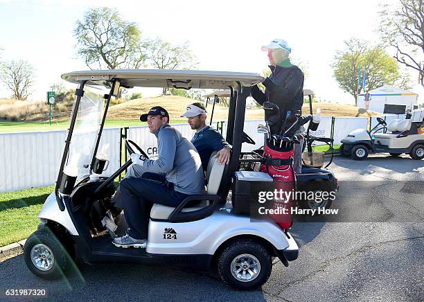 Brendan Steele drives a golf cart during practice for the CareerBuilder Challenge at PGA West on January 18, 2017 in La Quinta, California.