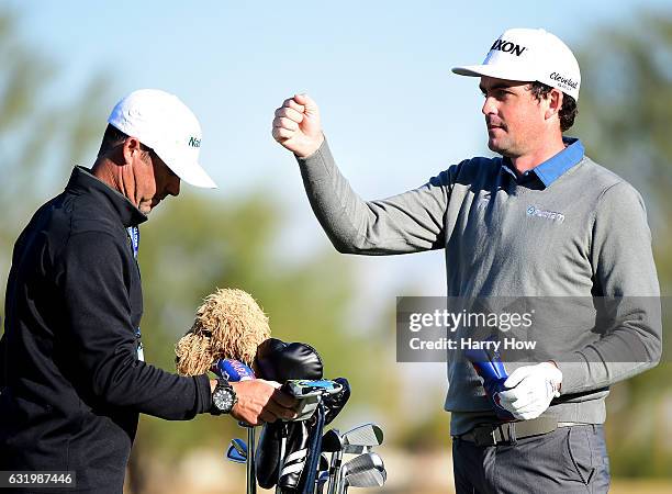 Keegan Bradley reacts at the end of his warm up during practice for the CareerBuilder Challenge at PGA West on January 18, 2017 in La Quinta,...