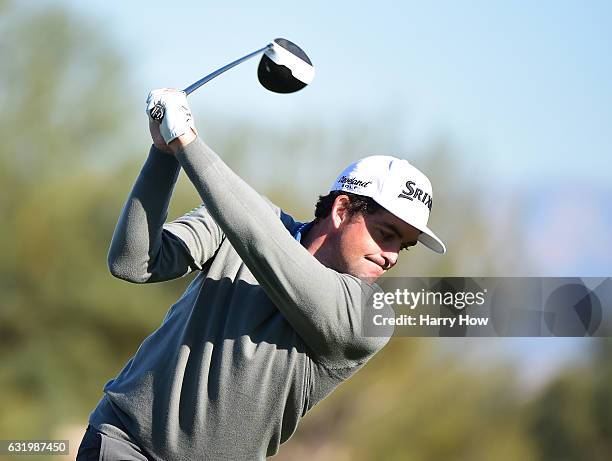 Keegan Bradley hits driver during practice for the CareerBuilder Challenge at PGA West on January 18, 2017 in La Quinta, California.