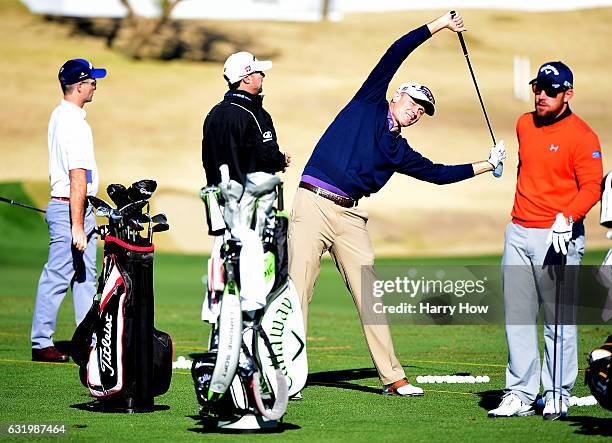 Bob Estes stretches on the driving range during practice for the CareerBuilder Challenge at PGA West on January 18, 2017 in La Quinta, California.