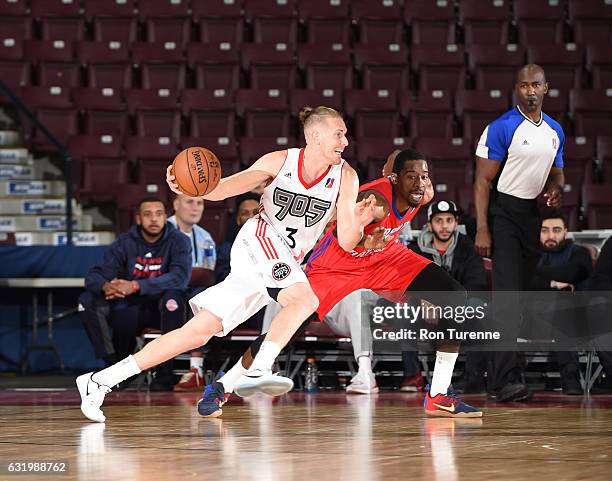 Singler of the Raptors905 handles the ball during the game against the Grand Rapids Drive as part of 2017 NBA D-League Showcase at the Hershey Centre...